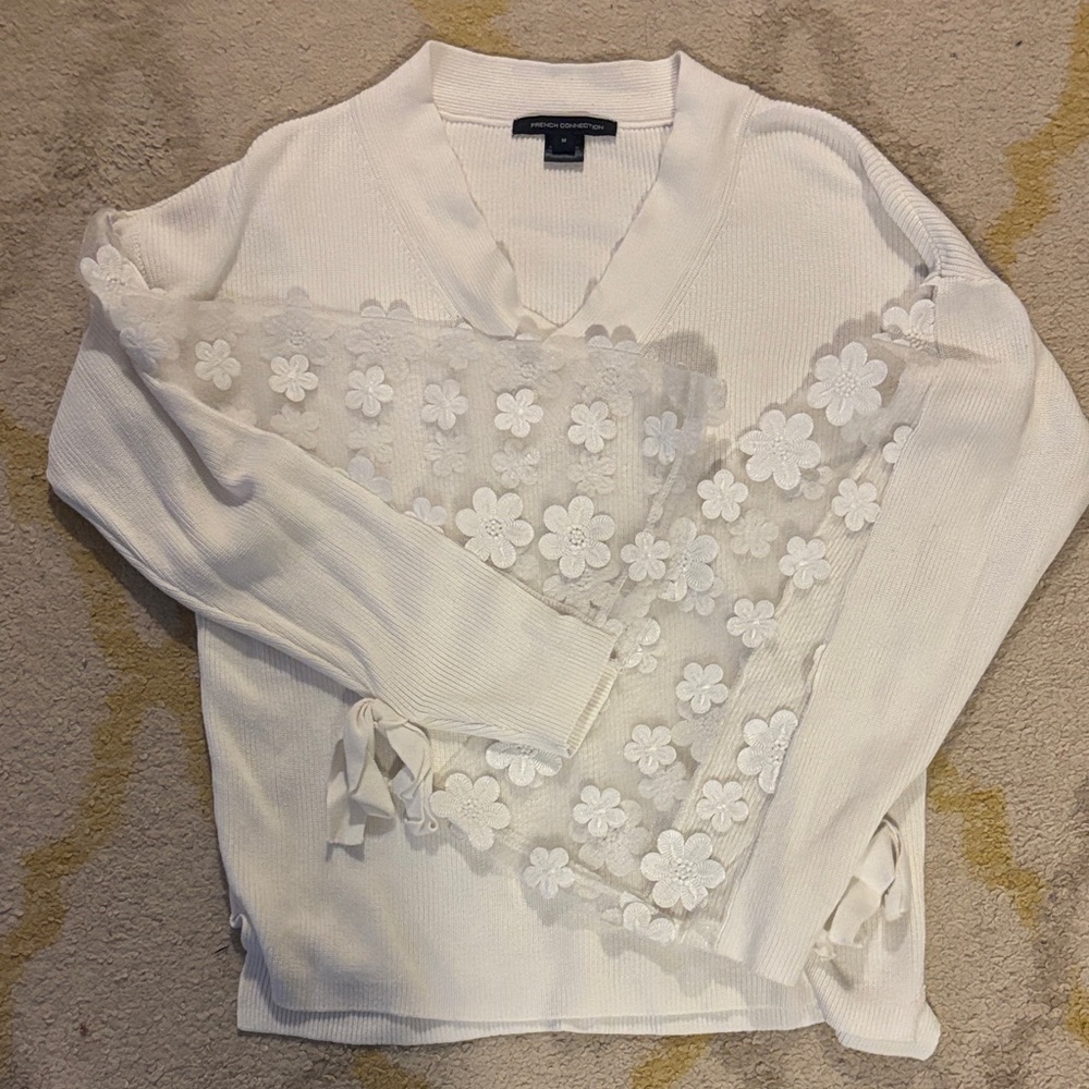 French Connection Cream V-Neck Sweater with Floral Lace
